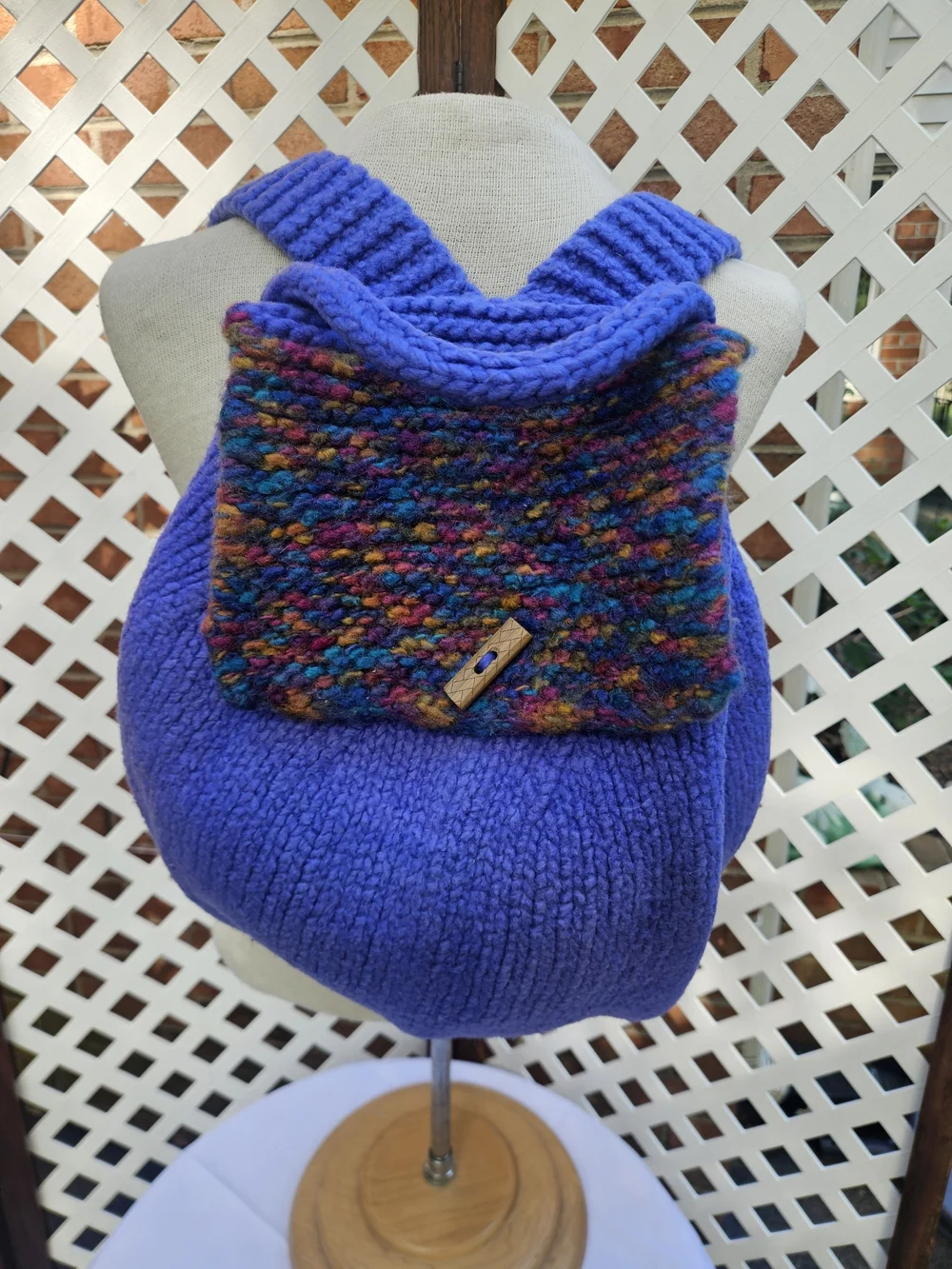 Handmade Tight Knit Backpack in Royal Purple with Multicolor Flap & Button Close